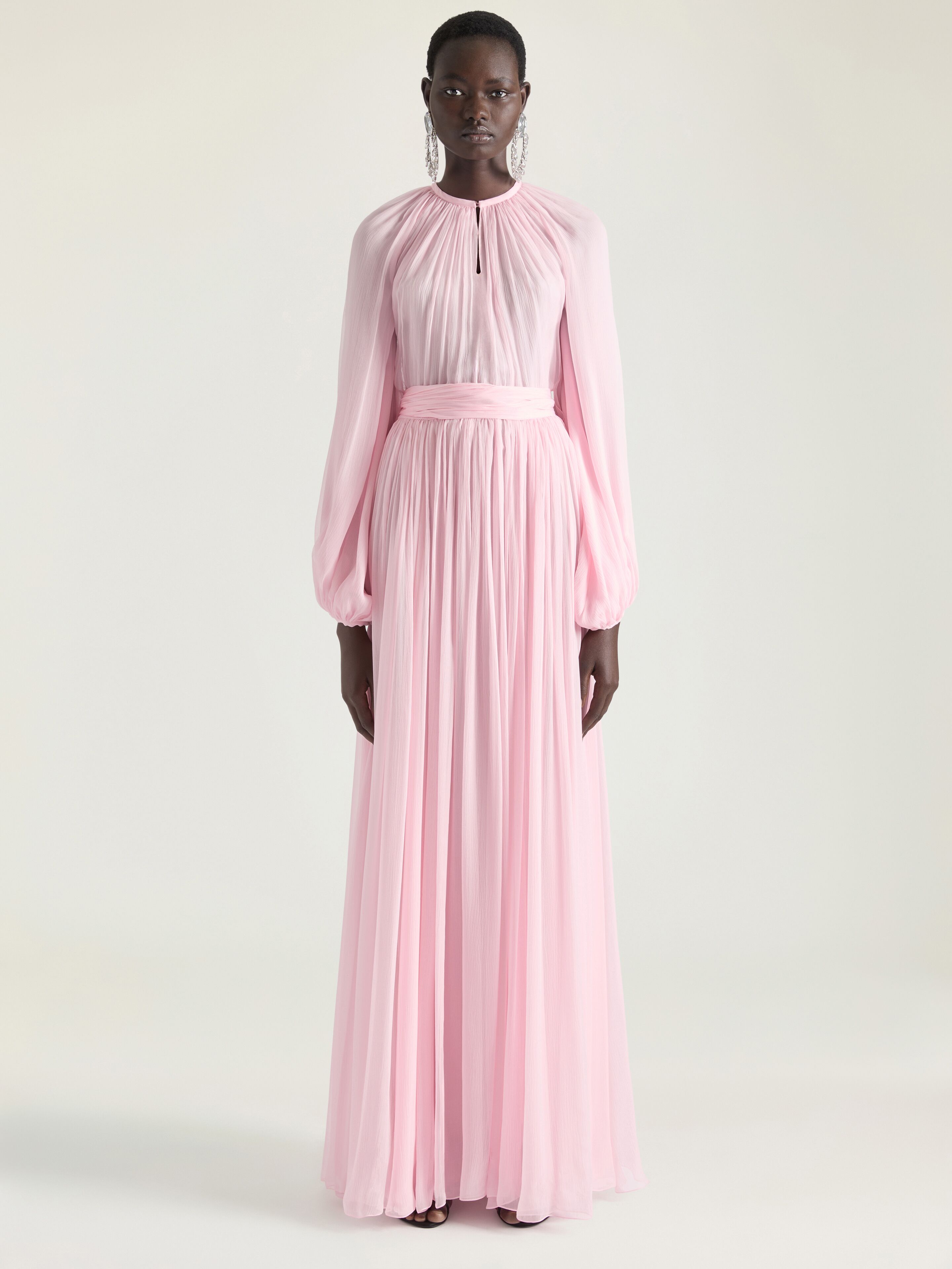 Balloon sleeves evening dress in silk chiffon